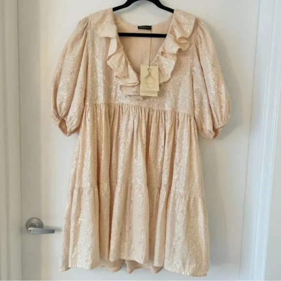 NWT Stine Goya Imperio Peach Sequin Ruffle Puff Sleeve Mini Dress XS - Picture 8 of 8
